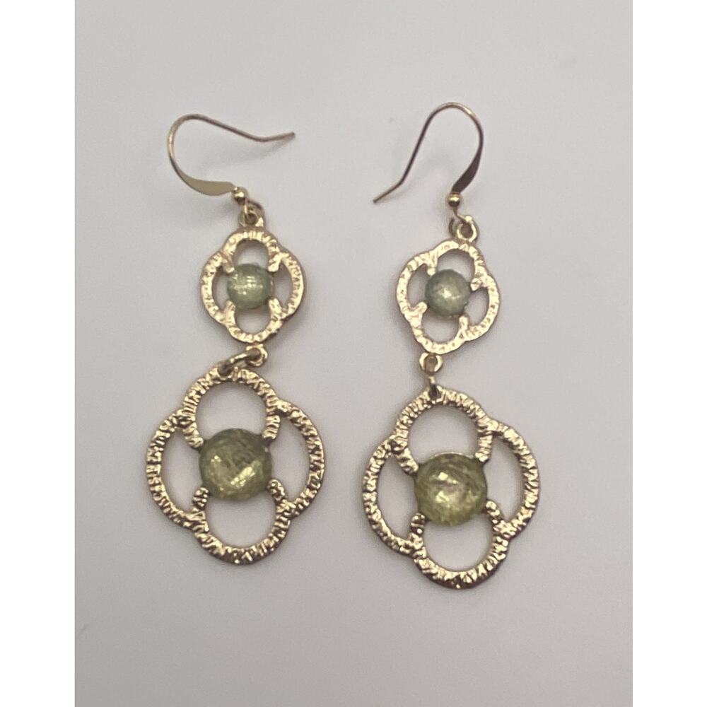 Textured Light Gold Tone Green Stone Open Work Dangle Drop Earrings - Picture 1 of 5